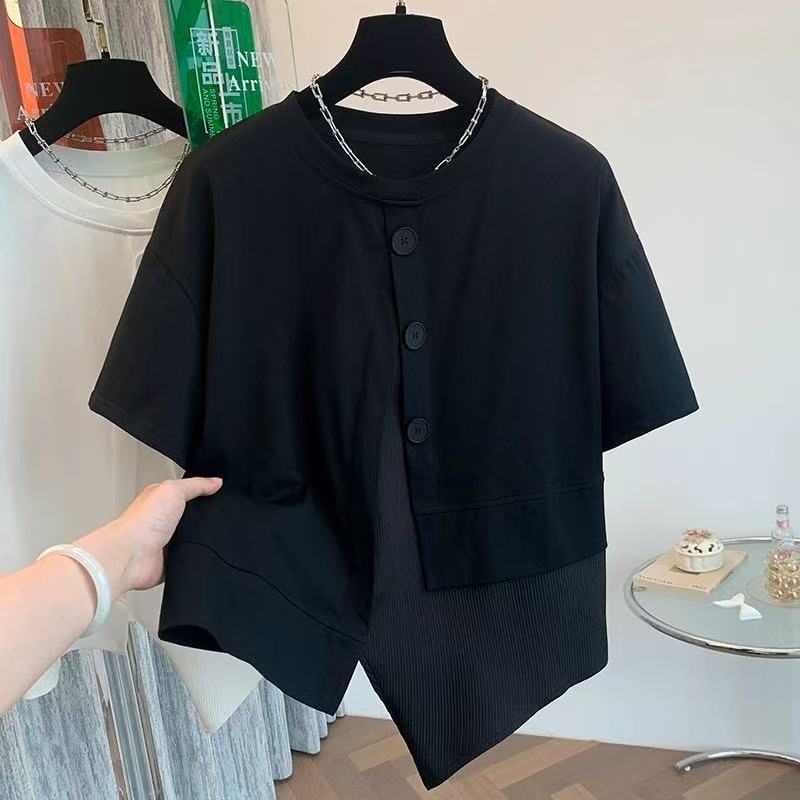 Z.X    不规则纽扣设计款拼接短袖T恤  387（C3）