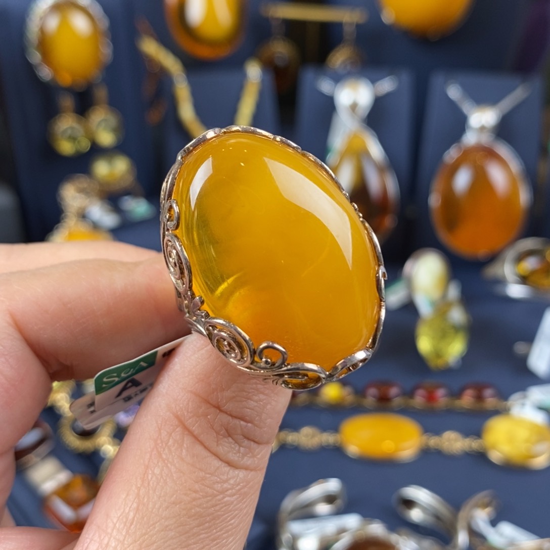 琥珀戒指银S925镶嵌设计