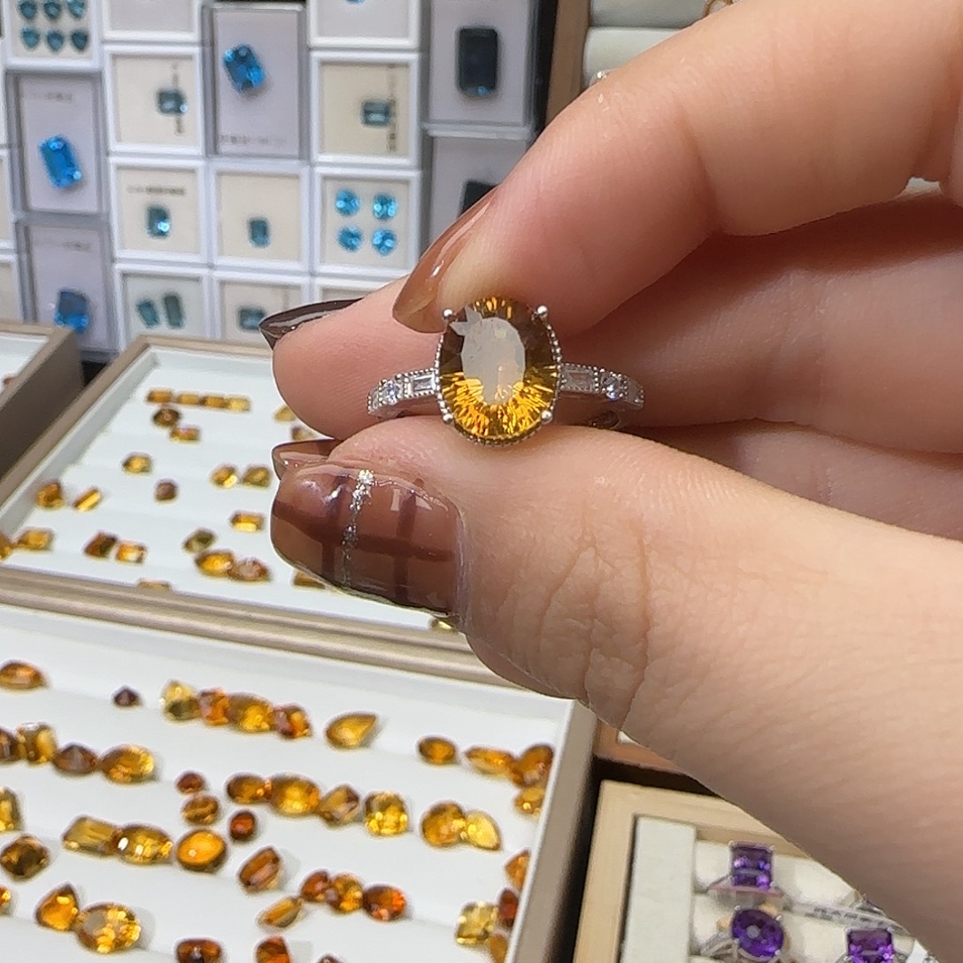 小***子水晶珠宝半成品银S925镶嵌纯天然黄水晶戒指