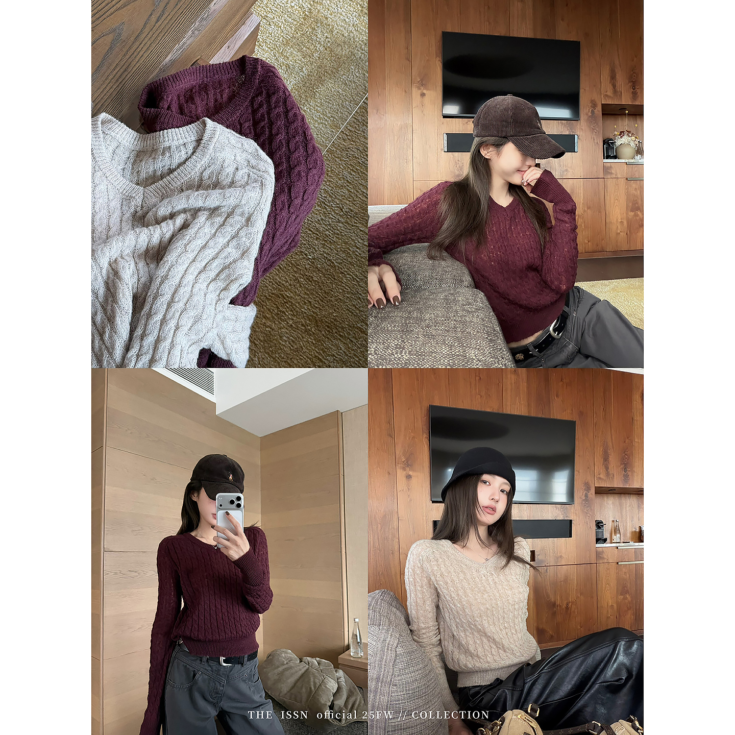 THEISSN宁司 麻花V领毛衣女冬季套头修身短款针织上衣 01906