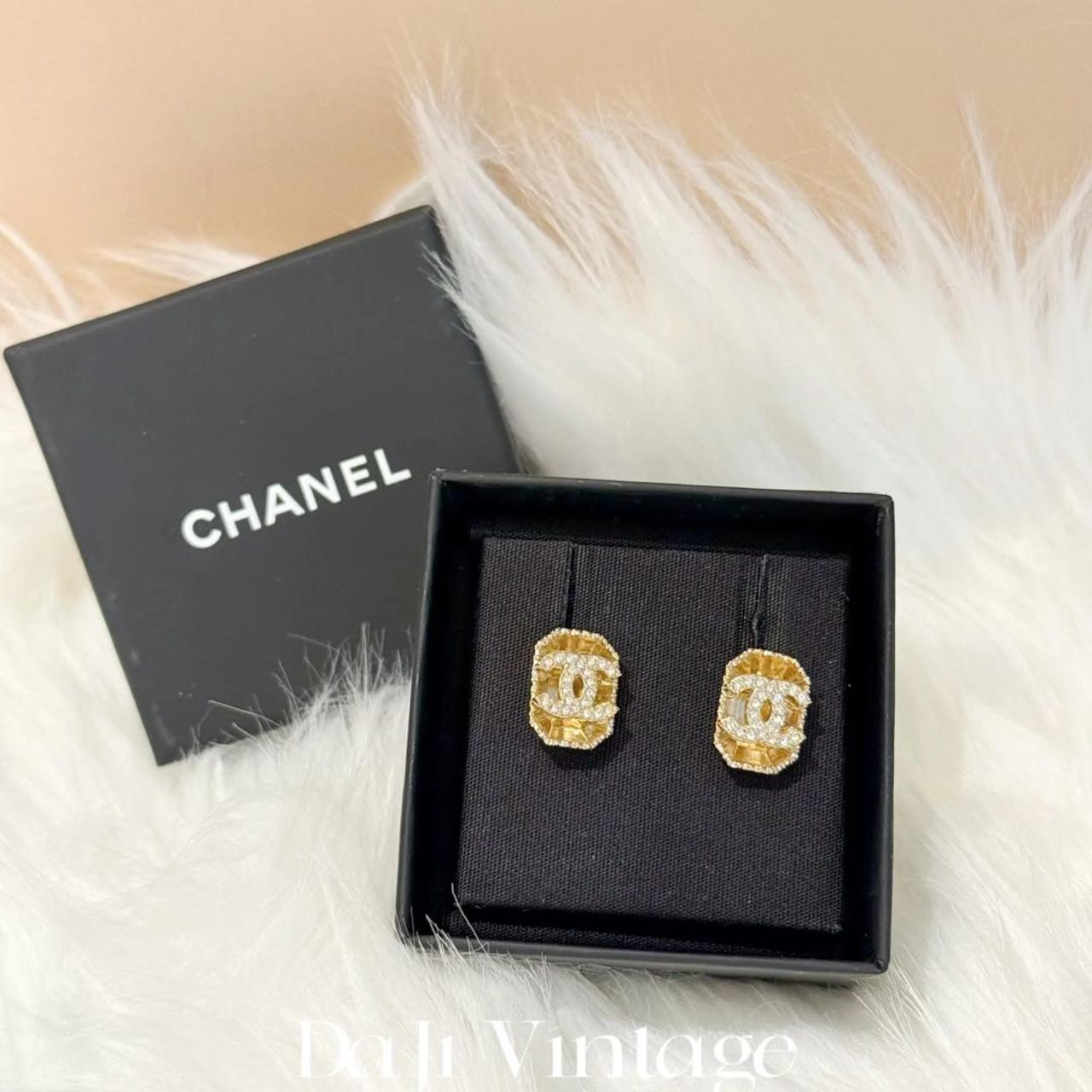 99新 Chanel/香奈儿 大吉中古/金色方形带钻耳钉