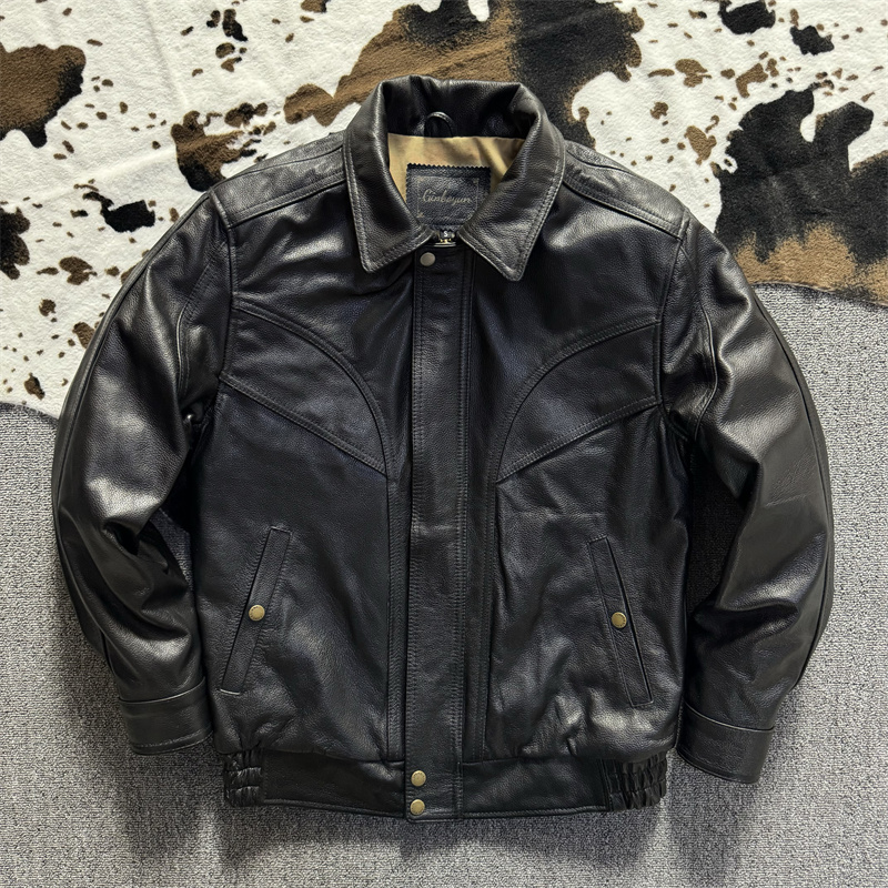 经典港风阔版飞行服皮夹克头层牛皮大码老爹款真皮皮衣男宽松外套