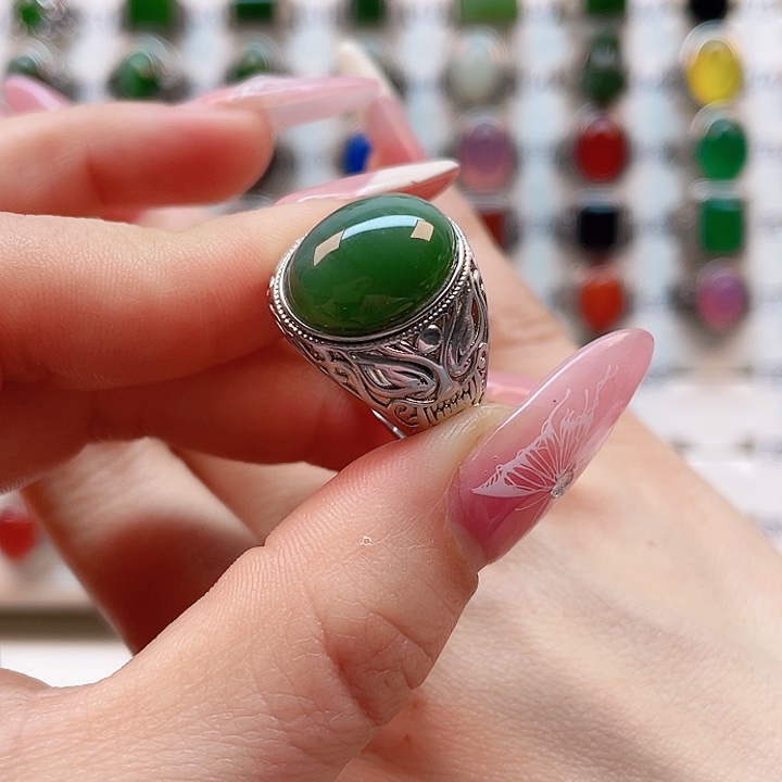 和田玉戒指银S925镶嵌