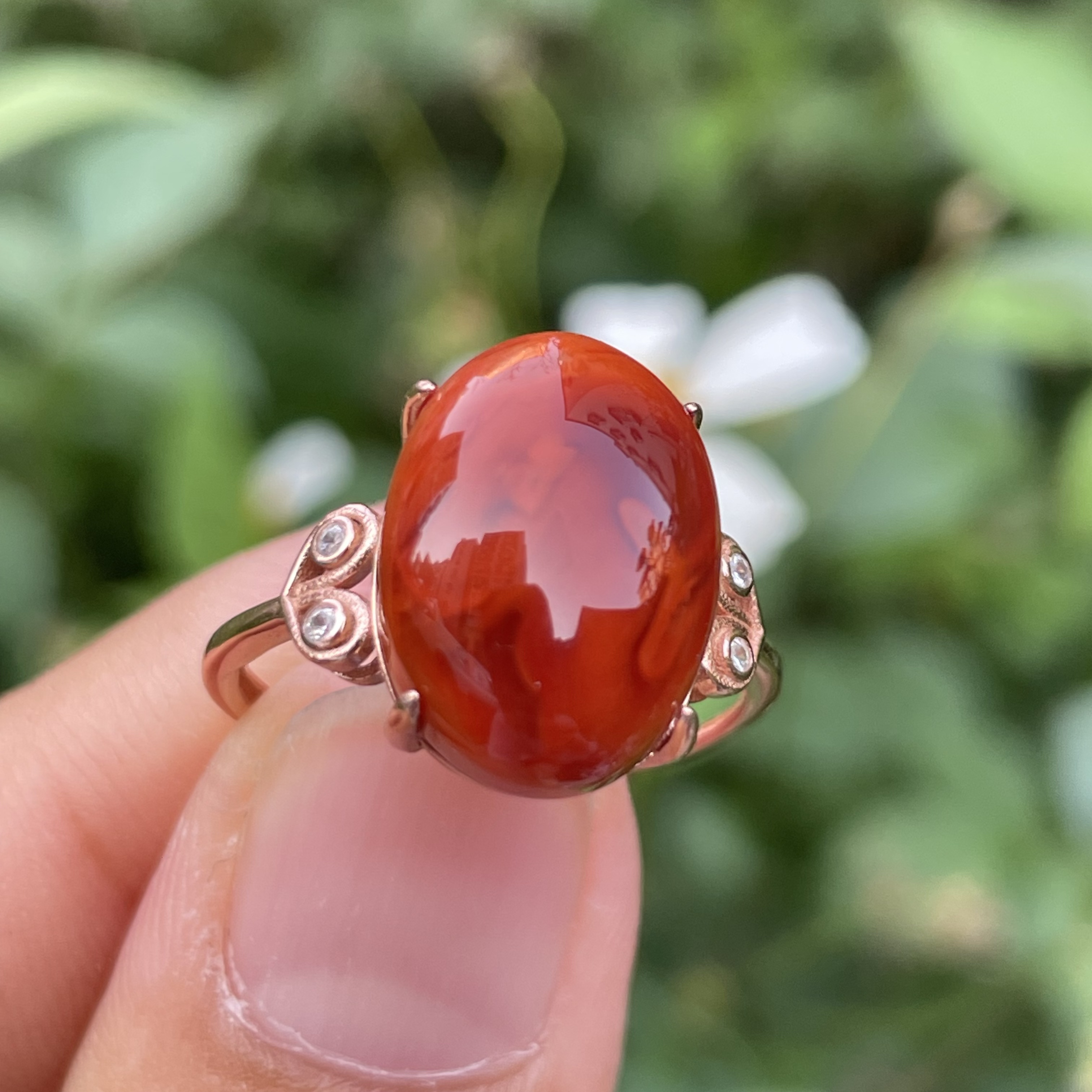 典藏全品级 南红瓦西柿子红火焰 女戒 925银镶嵌 14.2*11.2*9