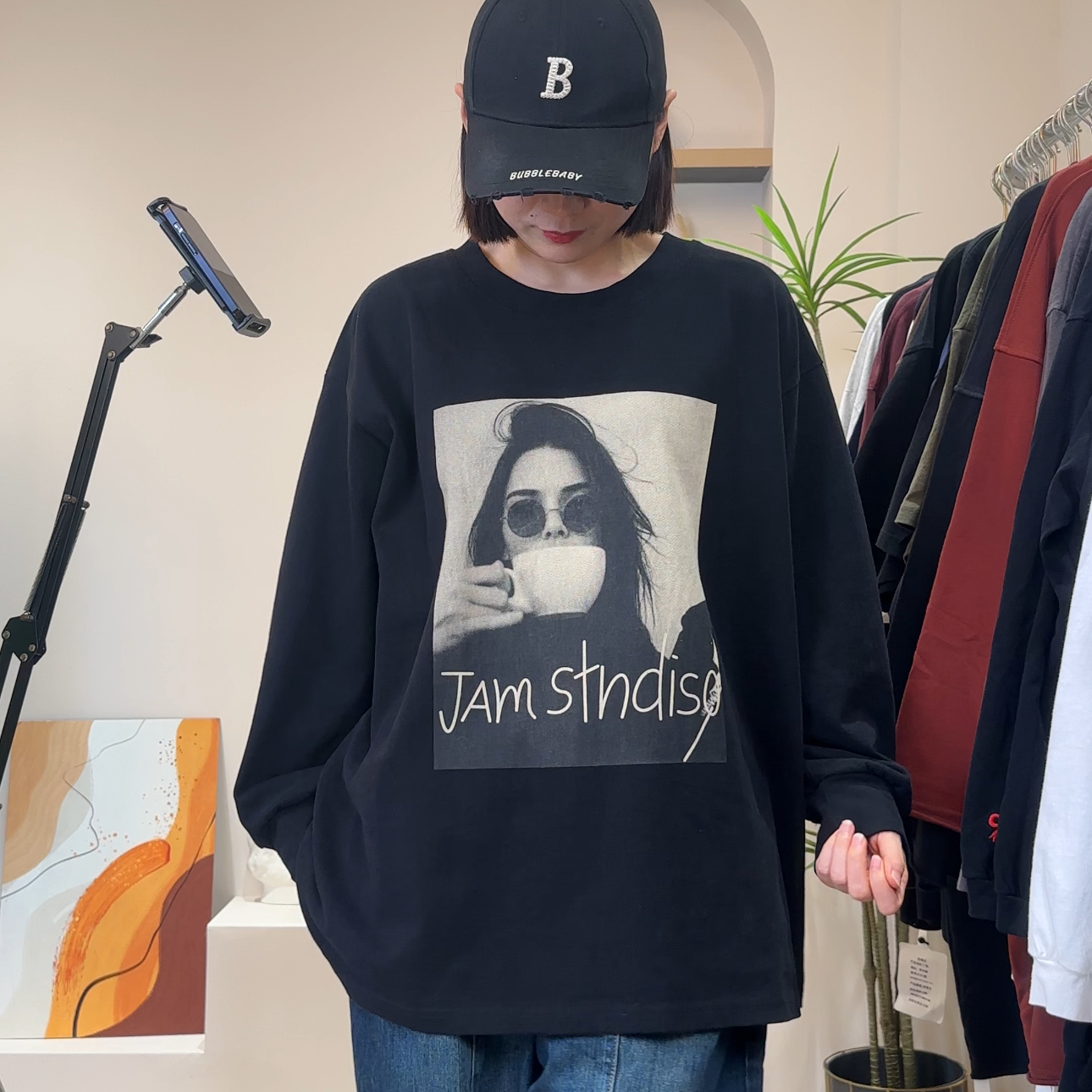 梓庭丹丹【咖啡美女】新秋冬长袖磨毛加厚宽松时尚休闲圆领T恤卫衣