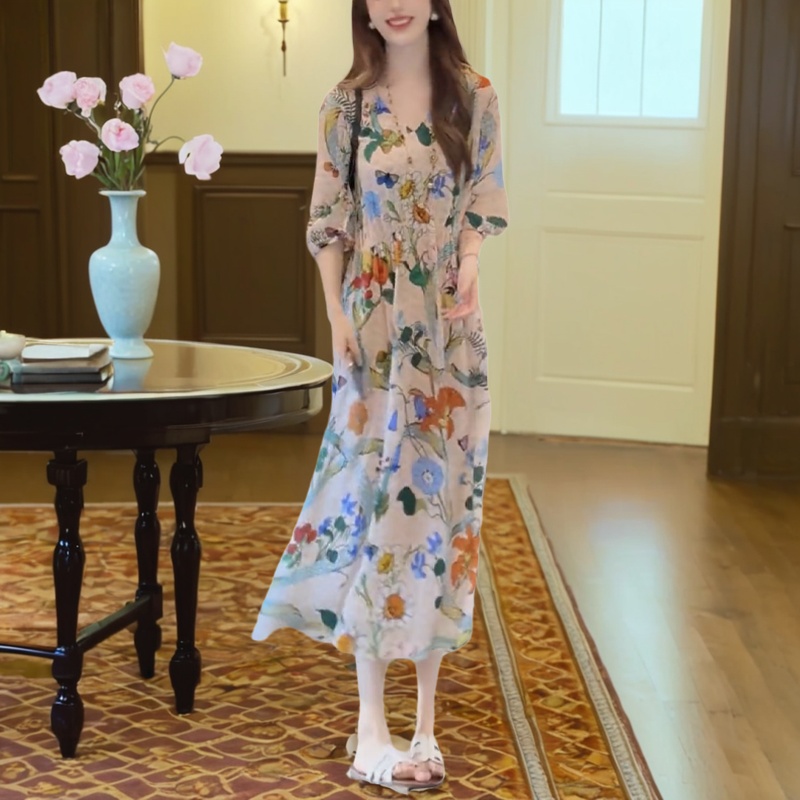 优雅气质风印花连衣裙女2025夏季新款长裙显瘦时尚洋气度假裙子女