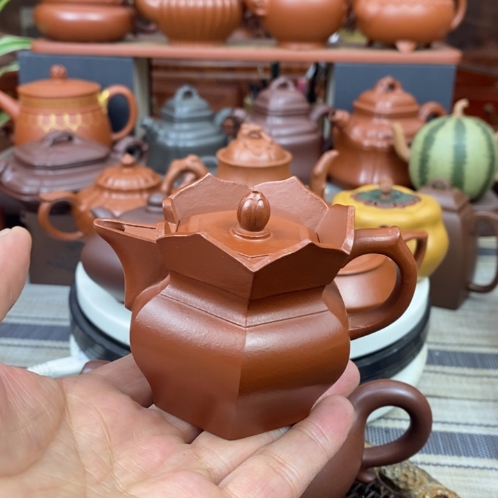紫砂茶壶六方僧帽100cc原矿赵庄朱泥