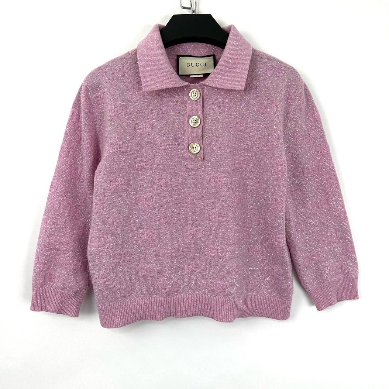 99新 GUCCI/古驰 s码/粉色双G满印闪粉polo针织衫/05157