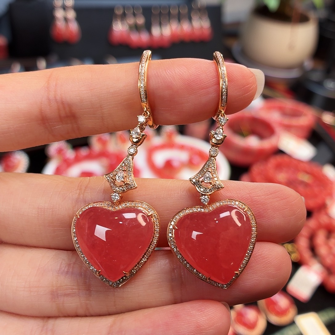 菱锰矿（红纹石）18K金镶嵌耳坠