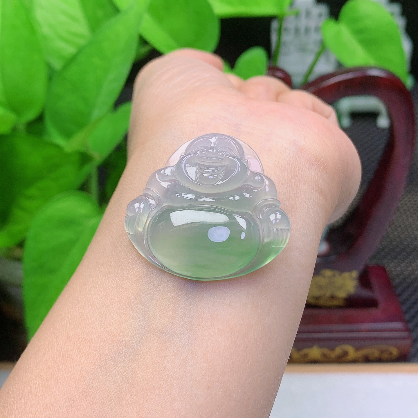 缅甸天然翡翠A货 冰种 晴水绿 佛公吊坠 种老水足 一刀切笑佛精美