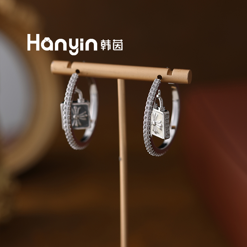 铜合金珐琅耳饰 925银针3.5cm高定克罗风十字架C形耳钉AAA