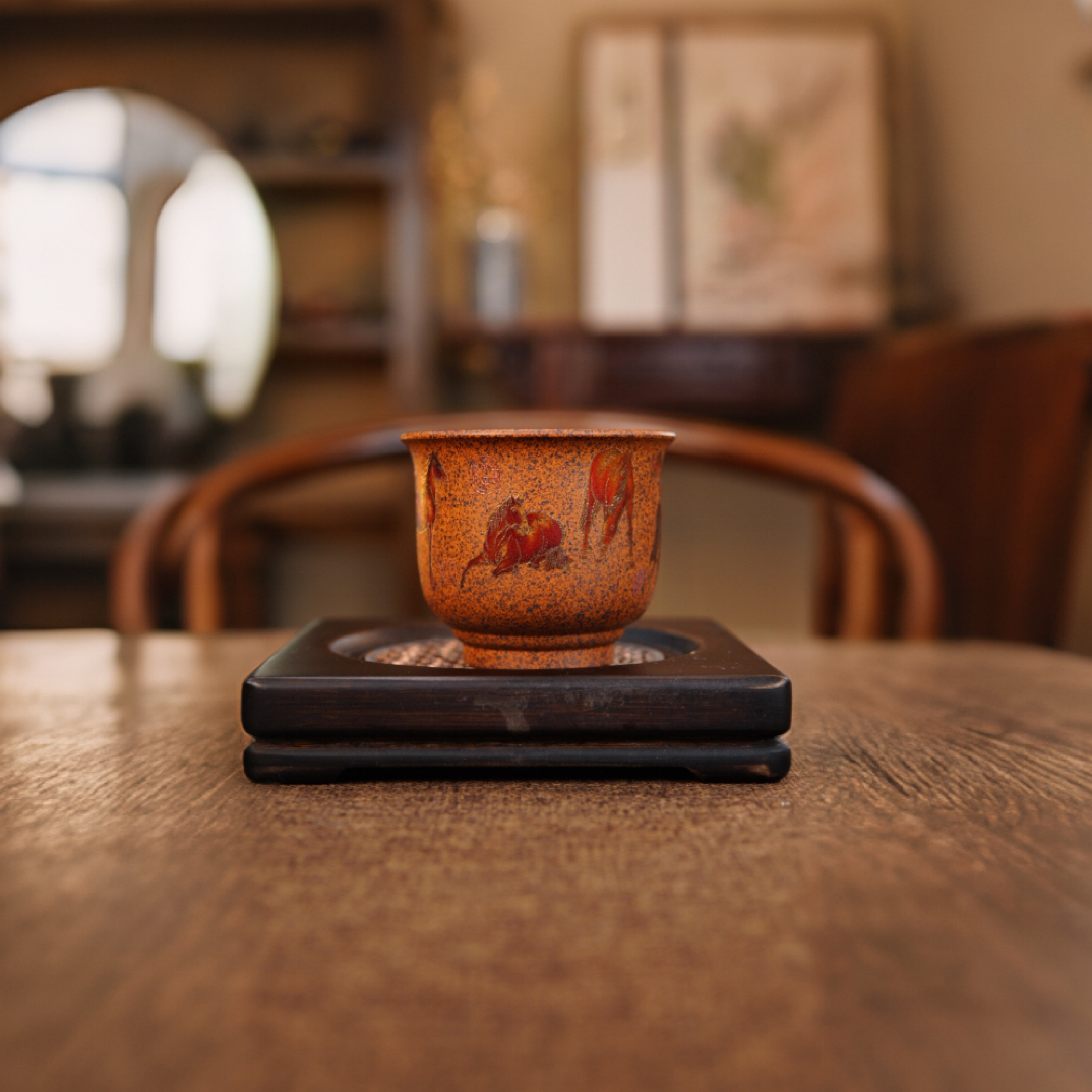 宜兴正宗原矿紫砂纯手工大容量主人杯柴窑八骏图手绘柴烧主人杯