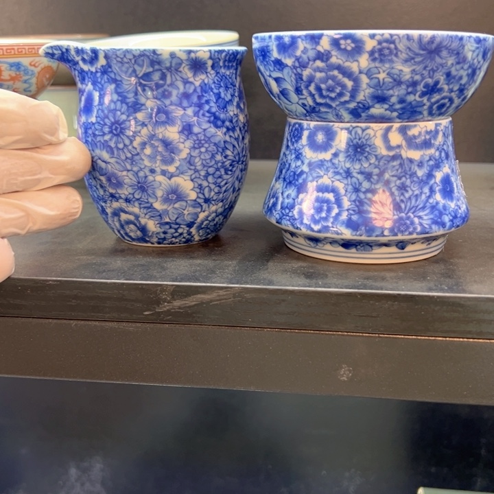 瓷片白青花万花茶漏加公道杯全品