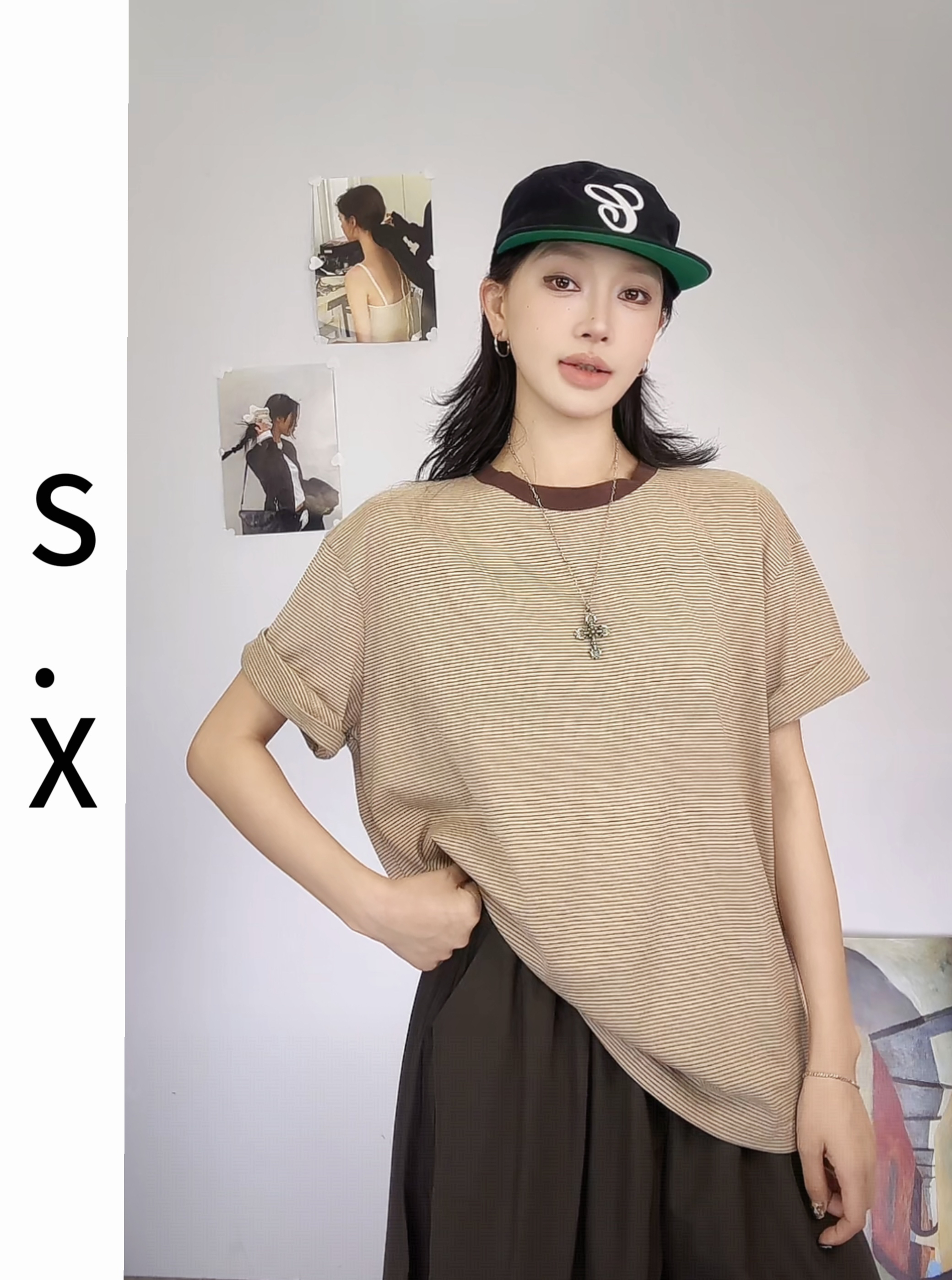S.X 2025夏新款短袖T恤撞色拼接宽松百搭圆领休闲