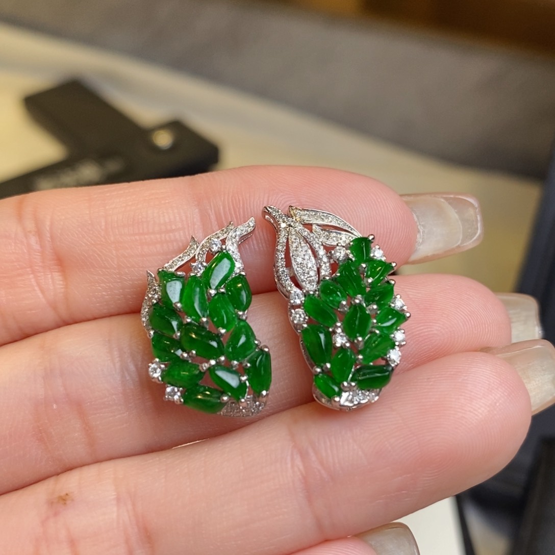 翡翠耳饰18K金镶嵌随形羽毛