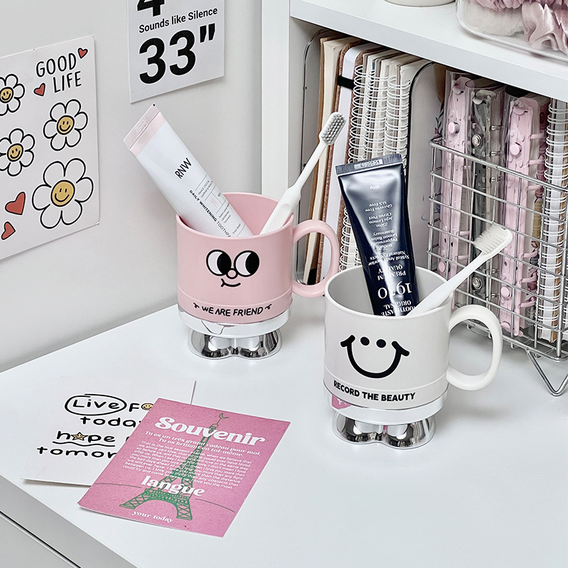 轻奢笑脸杯时尚塑料洗漱杯家用亲子浴室刷牙杯创意卡通高脚喝水杯