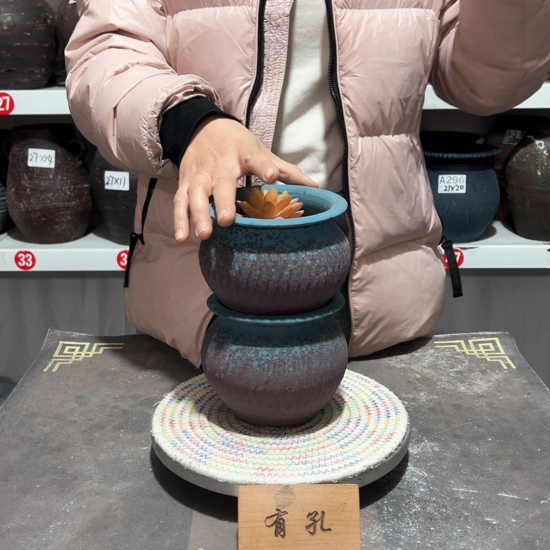 红陶小蓝圆口一对有孔you k