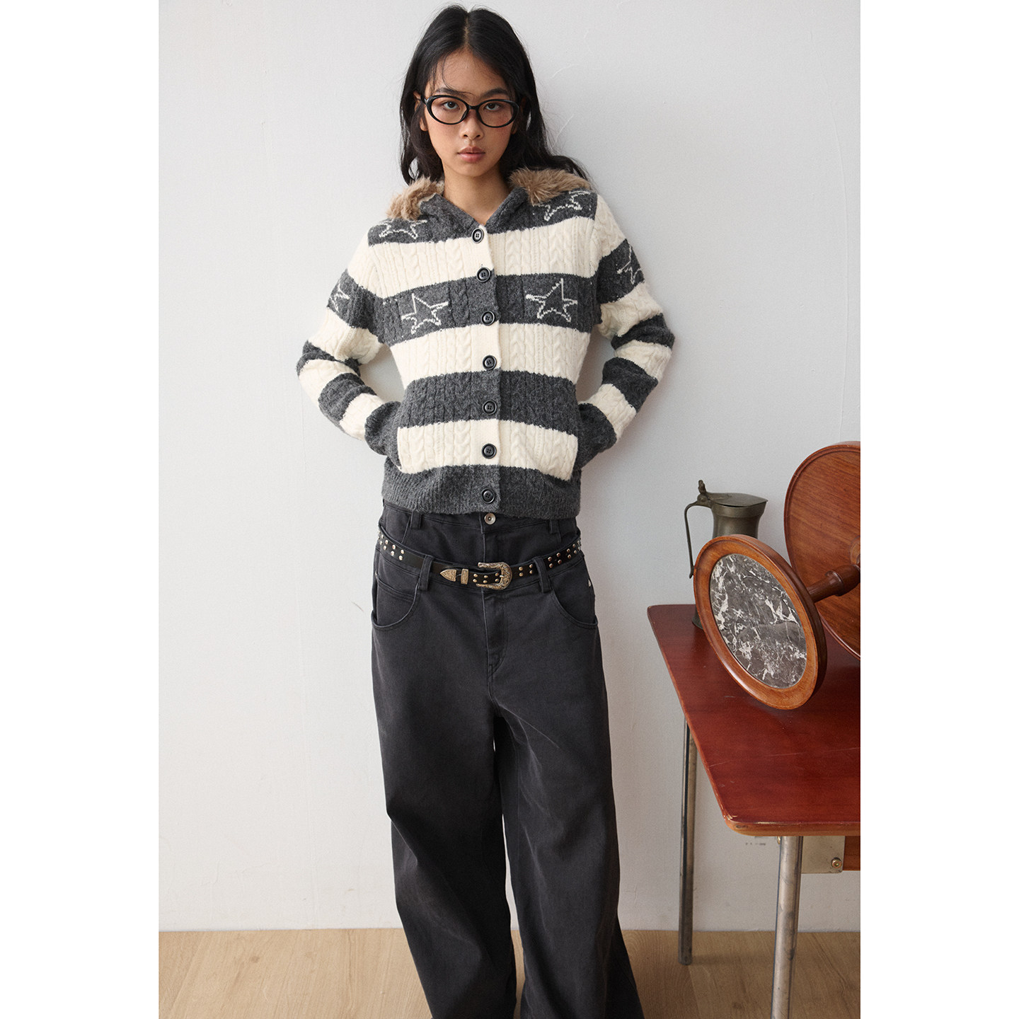 【直播间清仓款 No退No换】【星霜絮语】绞花针织条纹星星开衫毛衣女