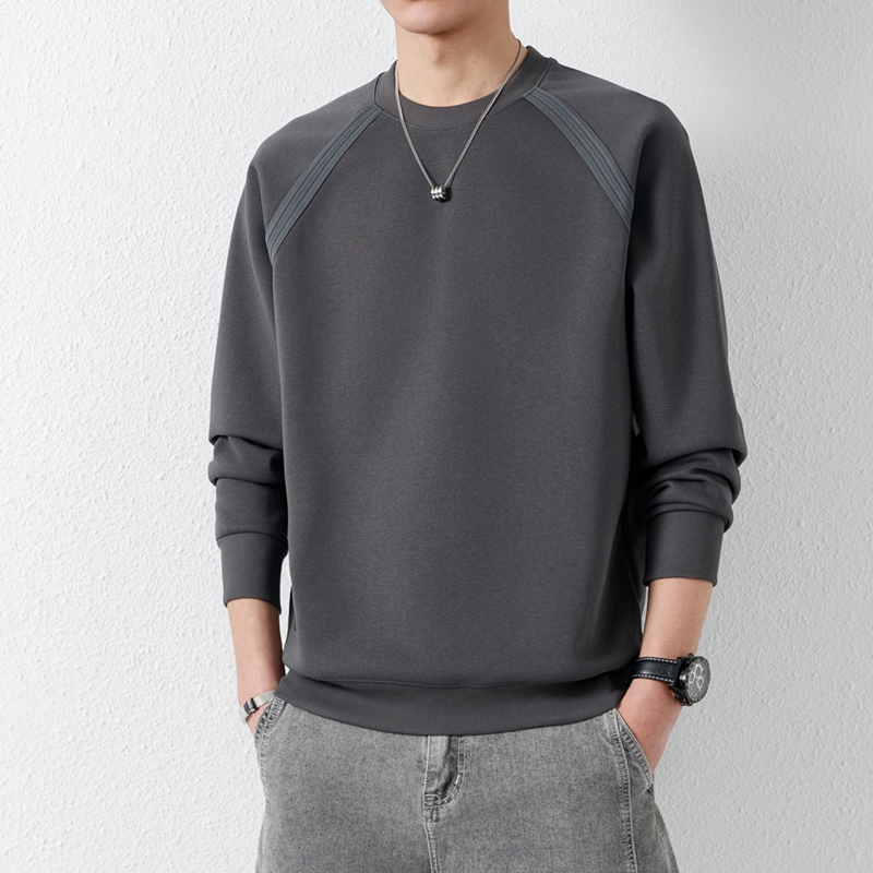 2025秋冬季圆领套头卫衣纯色休闲宽松男插肩袖百搭时尚简约潮流