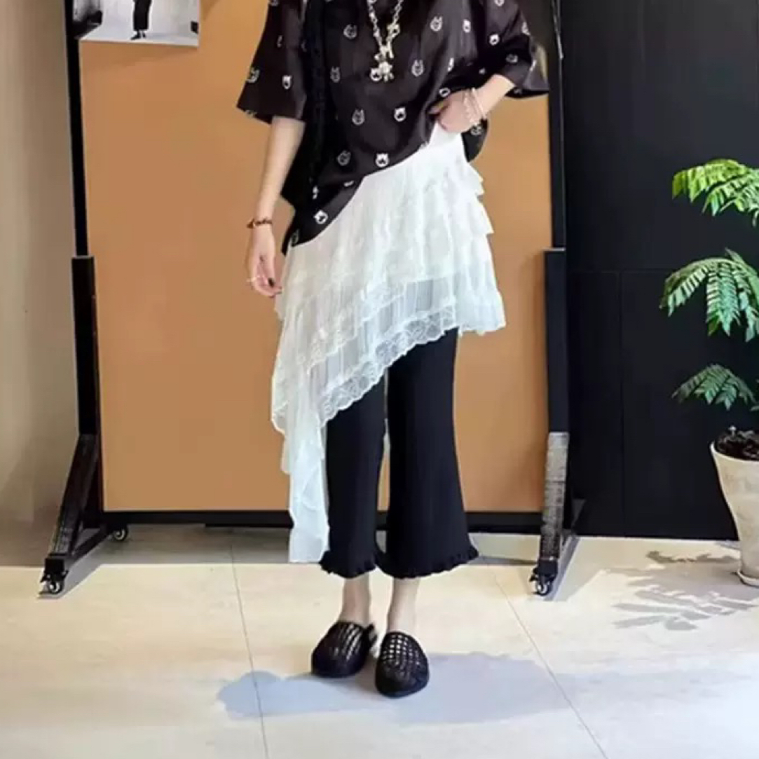 醋酸~十七设计师买手店2025夏季新款木耳边黑色喇叭松紧腰休闲裤