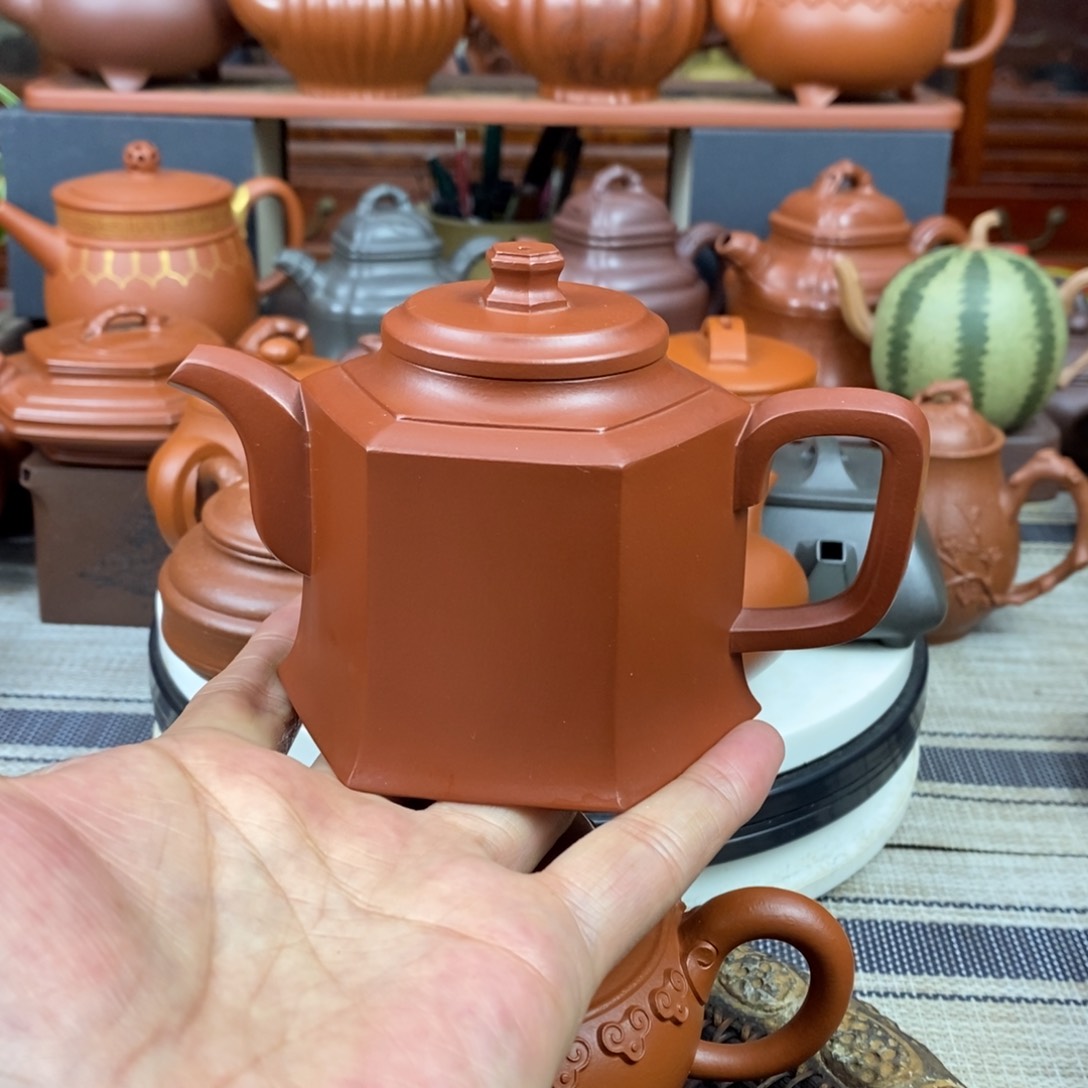 紫砂茶壶六方宫灯220cc原矿朱泥