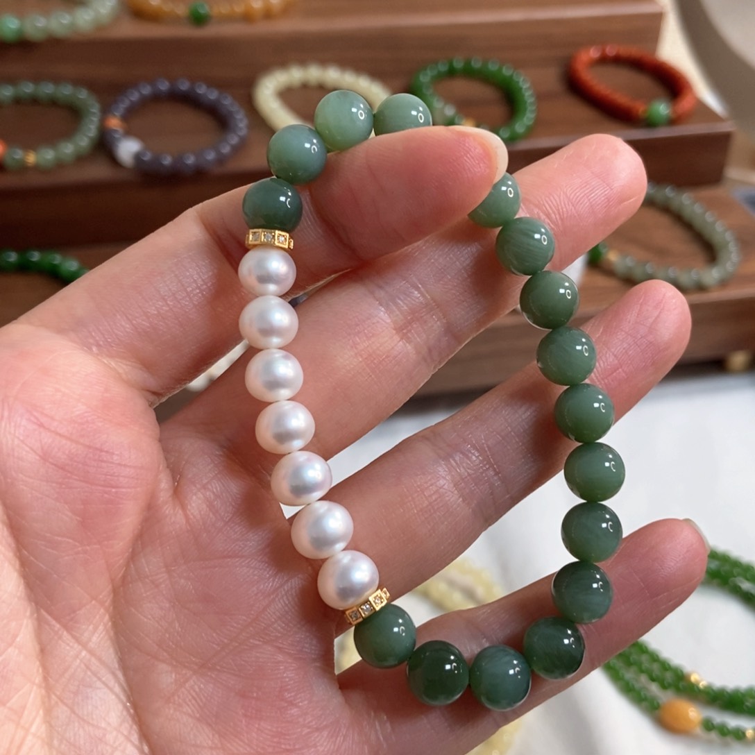 和田玉手链银S925镶嵌7.8mm碧玉鸭蛋青