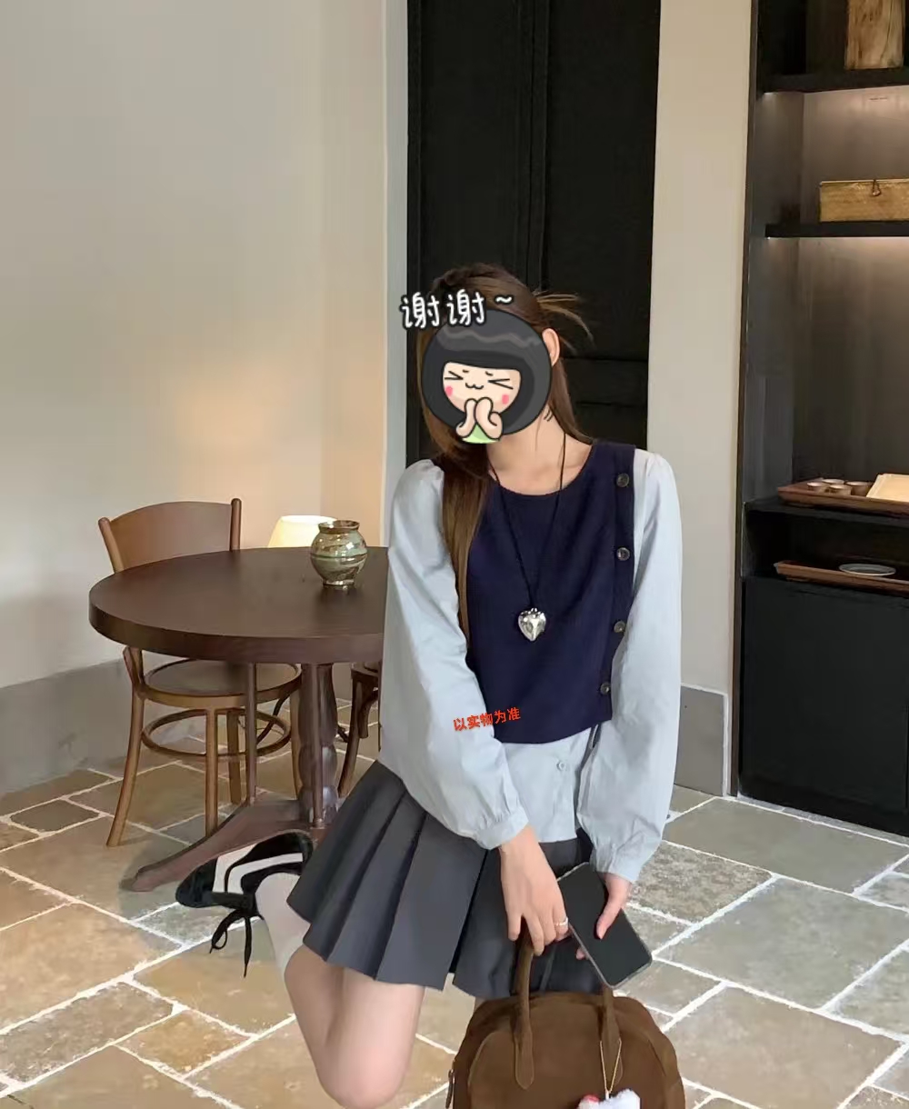 3358#秋季新款休闲百搭圆领针织拼接撞色长袖衬衣韩版