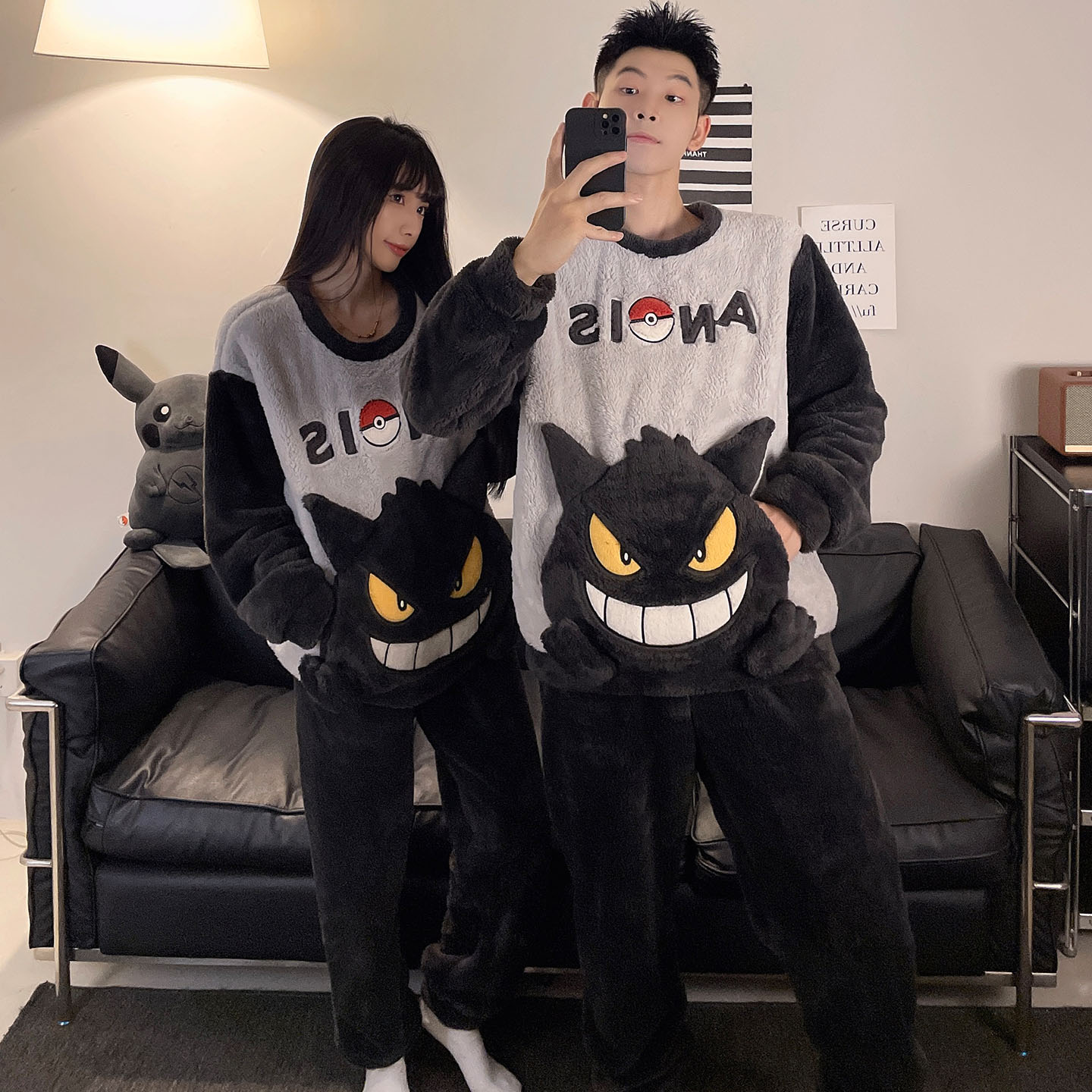 韩版卡通秋冬季珊瑚绒情侣睡衣套装加绒加厚保暖一男一女家居服