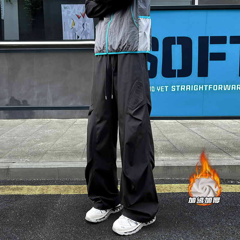 美式装伞兵裤男秋冬加绒加厚新款直筒宽松黑色长裤户外运动裤子男