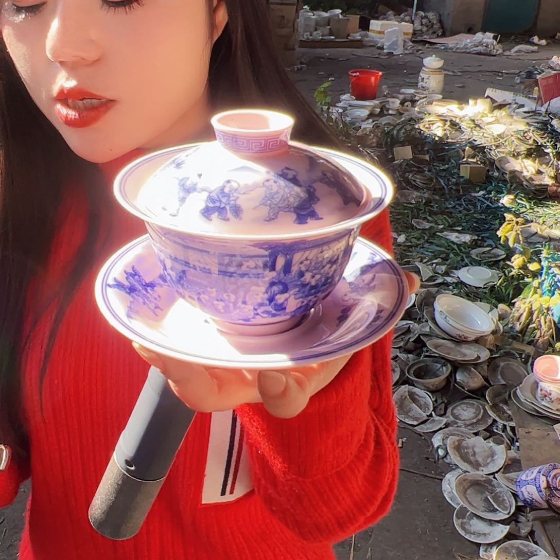 摆件陶景德镇红xixi童子三才盖碗