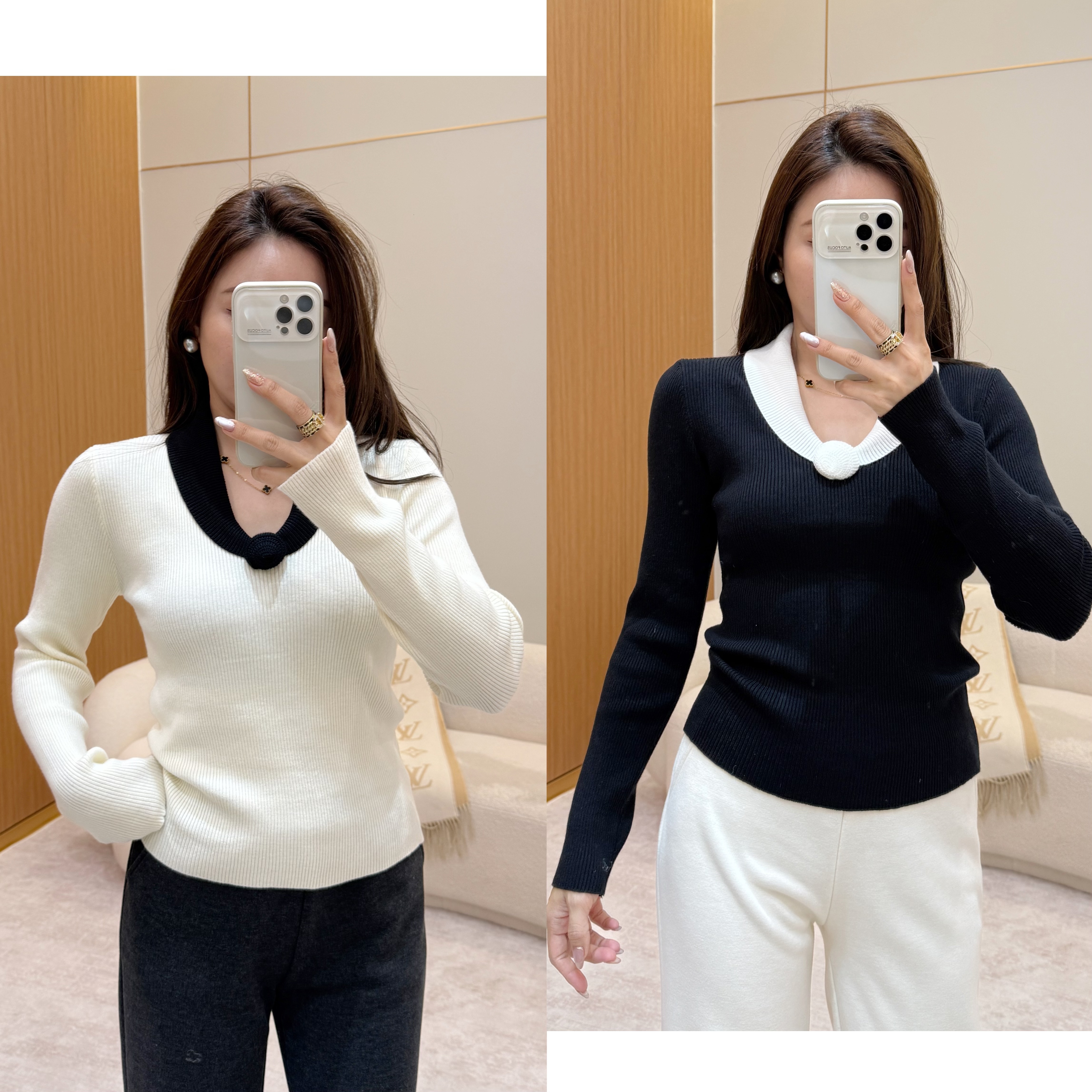 新款毛针织衫秋冬气质套头长袖显瘦百搭撞色圆领U领针织修身型