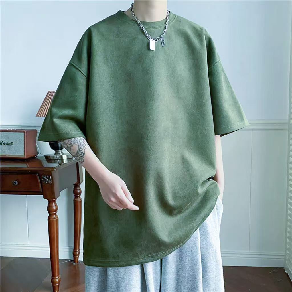 纯色桃皮绒短袖男款夏季重磅男生上衣落肩袖宽松t恤男装半袖衣服
