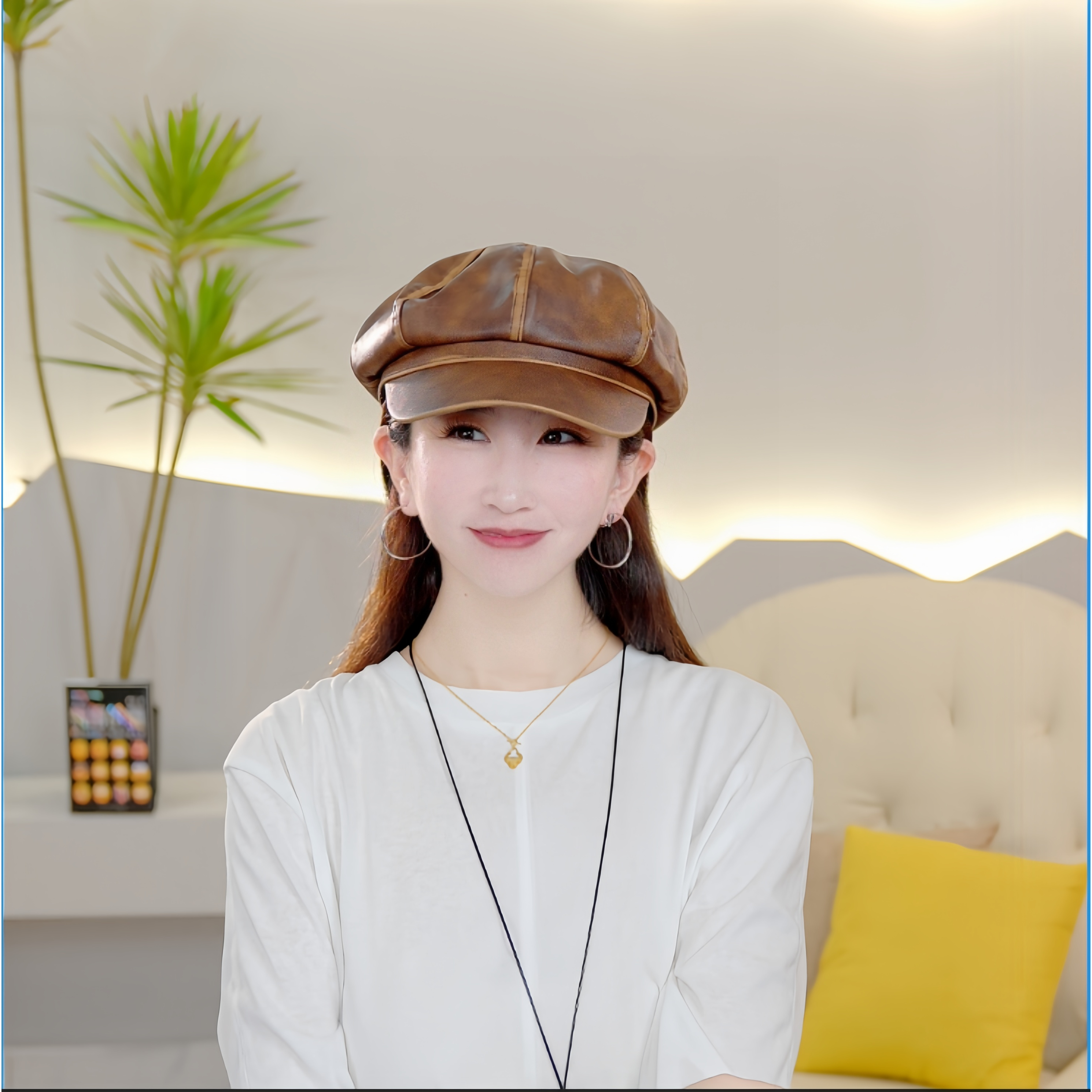 秋天复古八角帽修饰脸型贝雷帽子女显脸小画家帽帽子大头围皮质