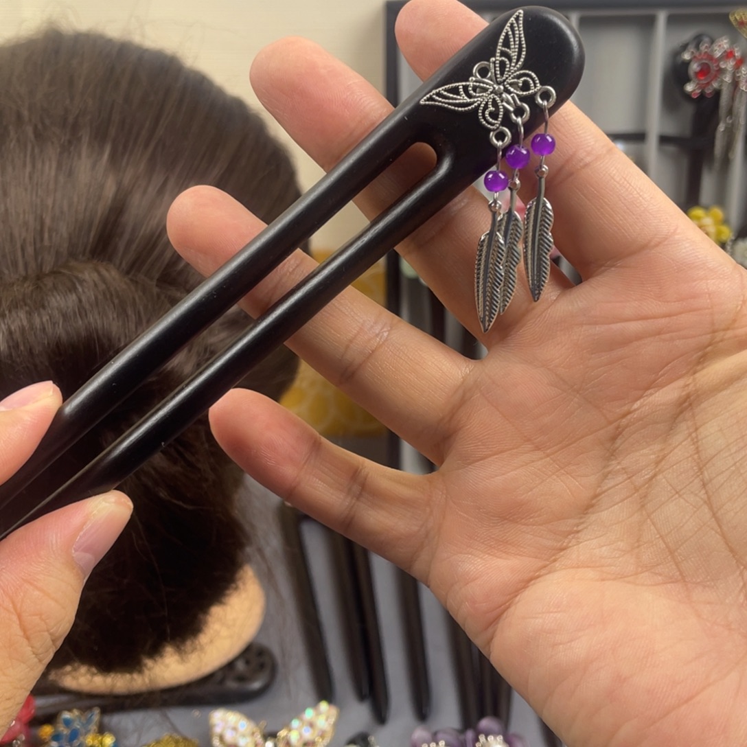 非金属木质15厘米发钗黑檀木双面蝴蝶珠子红色