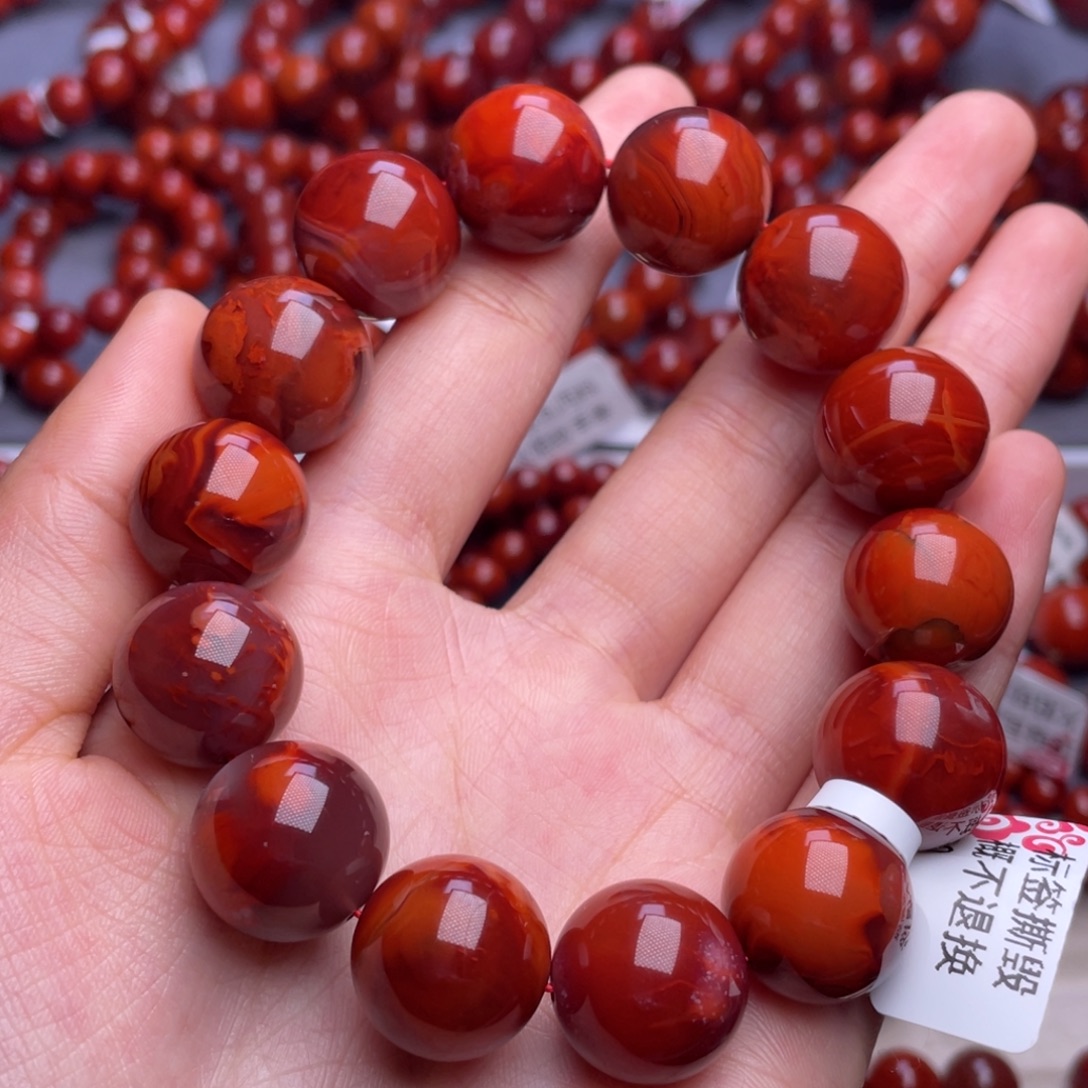 南红玛瑙未镶嵌其他16mm精品瓦西牛血红火焰满肉手串（微瑕）