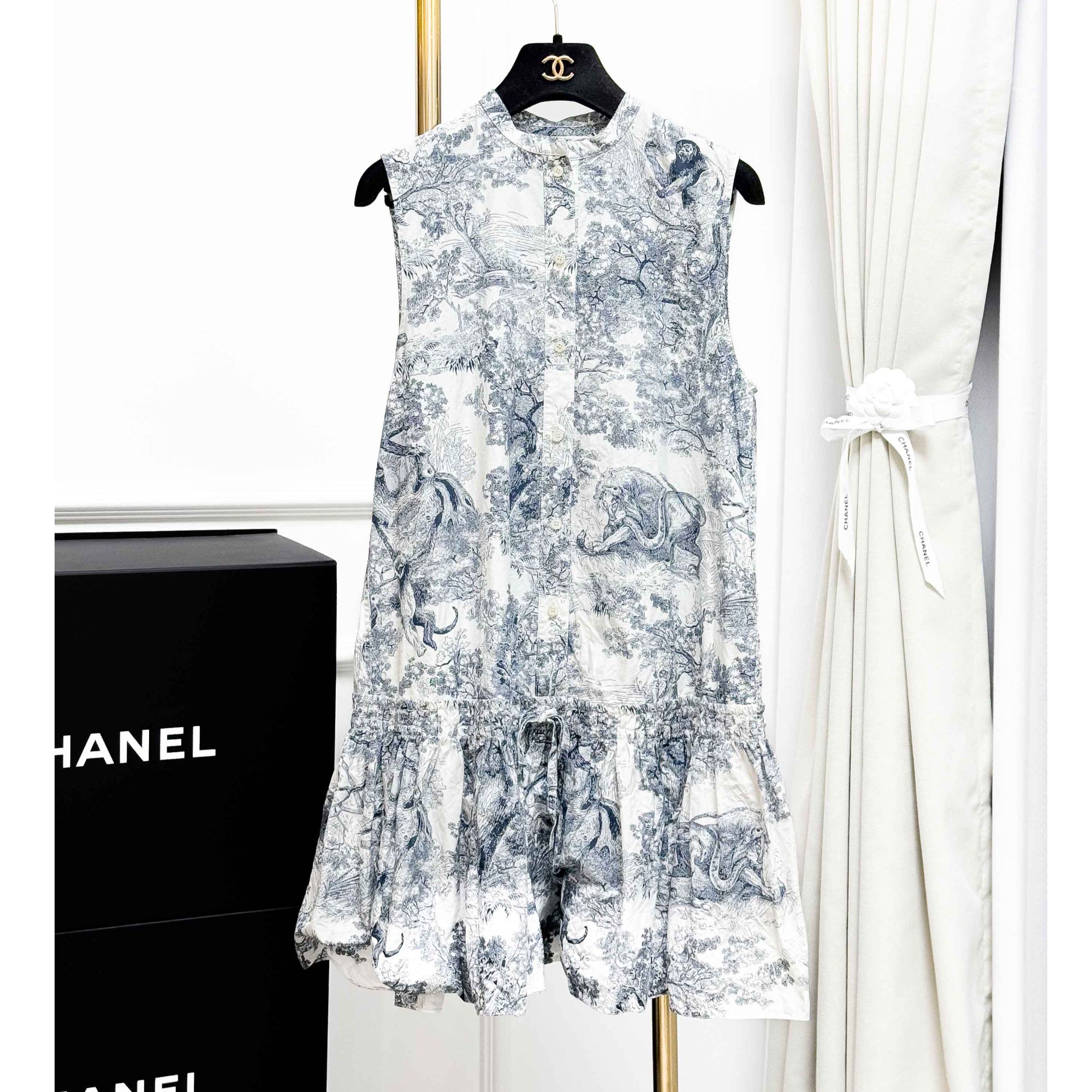 99新 DIOR/迪奥 F36码 白色拼深蓝色 动物图案 无袖 连衣裙