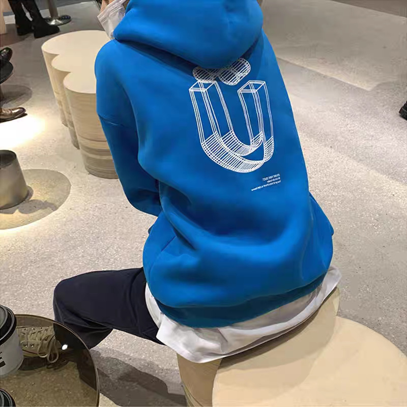 女装禅意仙气飘飘美式潮牌蓝色连帽卫衣秋冬慵懒风加绒宽松中长款