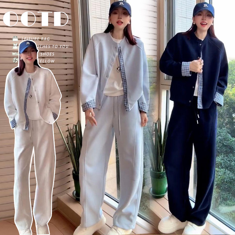 【米米妈】孕妇春秋开衫气质简约运动休闲格子拼接外套阔腿裤套装