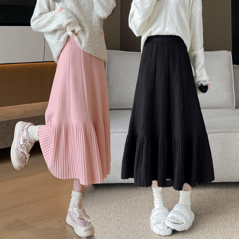 针织半身裙秋冬女小个子2025chic加厚毛线a字鱼尾半裙白色百褶裙