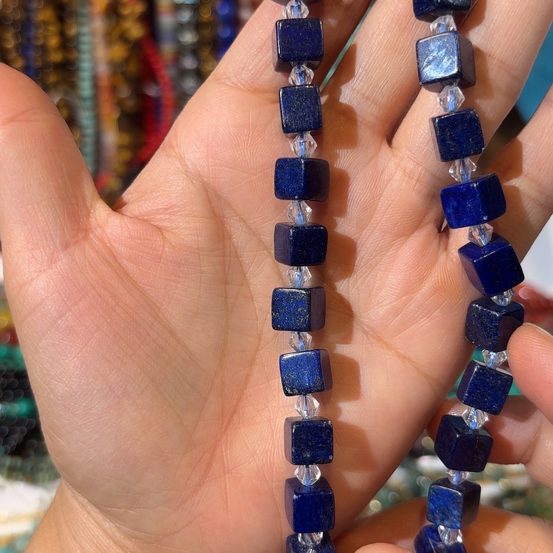 玛瑙/玉髓银S925镀金镶嵌珠宝半成品青金卡8方块一条