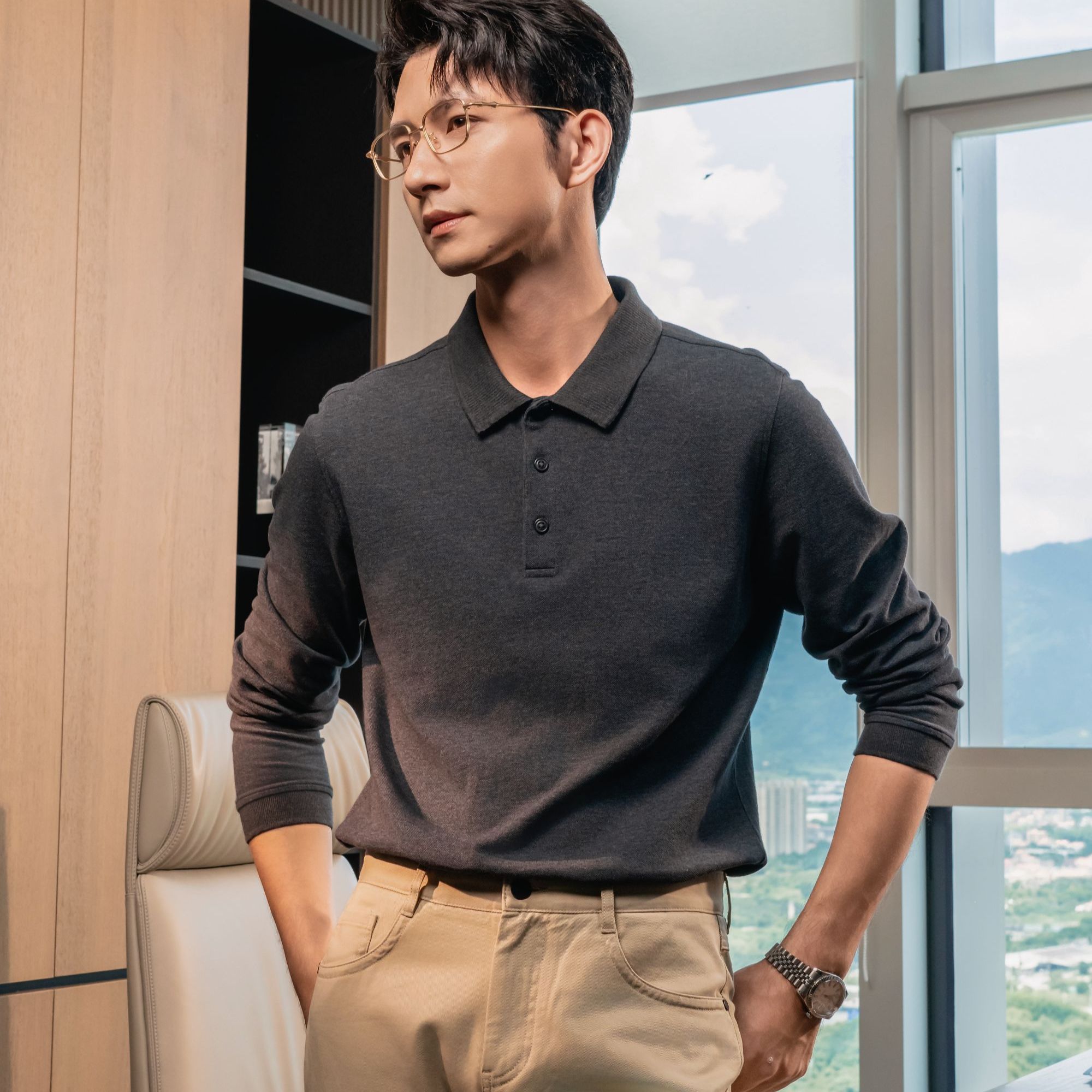亓口秋季男士POLO衫纯棉免烫商务简约翻领修身针织百搭纯色T2003