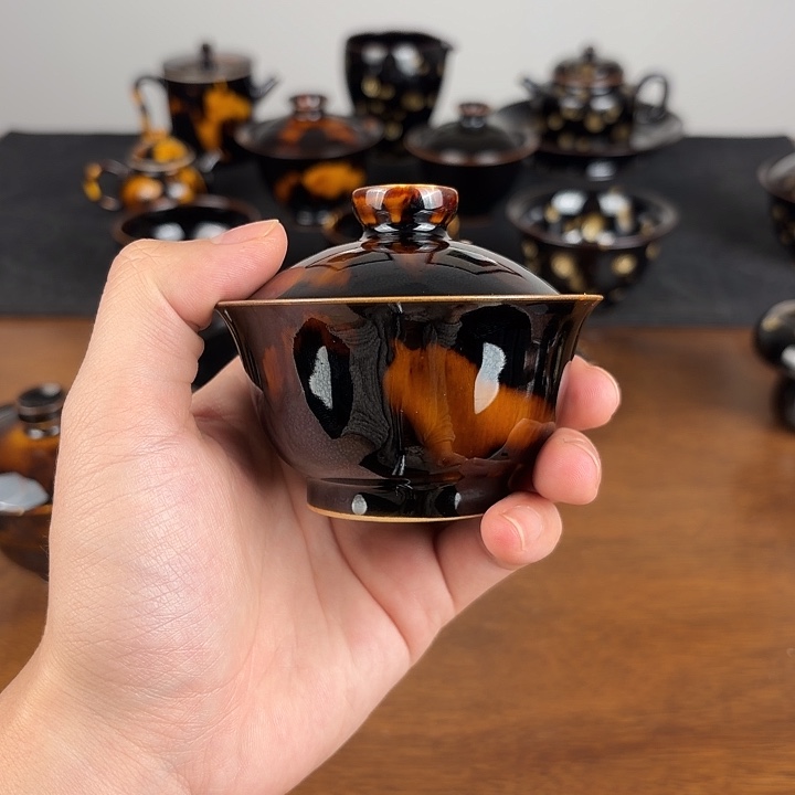 瓷玳瑁釉迷你元宝盖碗