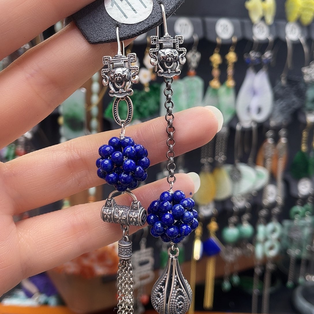 青金石耳饰银S925镶嵌chnhgbggj