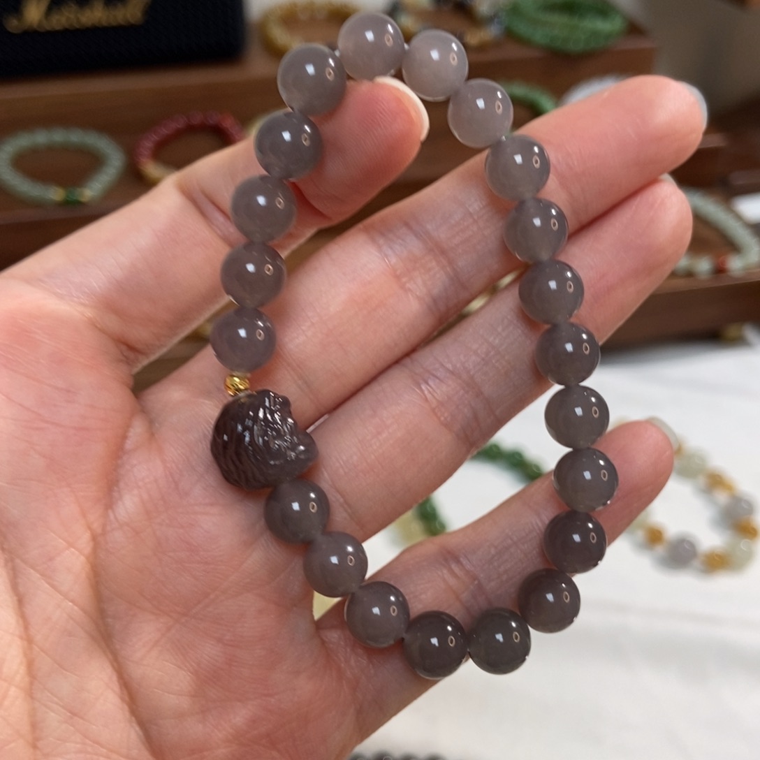 和田玉18K金镶嵌手链8mm冰烟紫