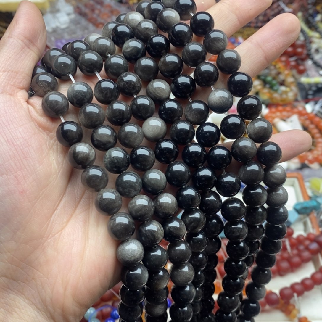 玛瑙/玉髓未镶嵌珠宝半成品一条天然10mm银曜石圆珠