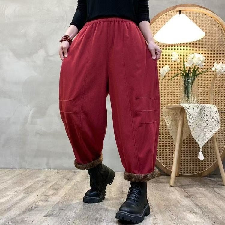 冬季加绒保暖拼色休闲裤松紧腰时尚宽松显瘦百搭哈伦裤长裤女新款