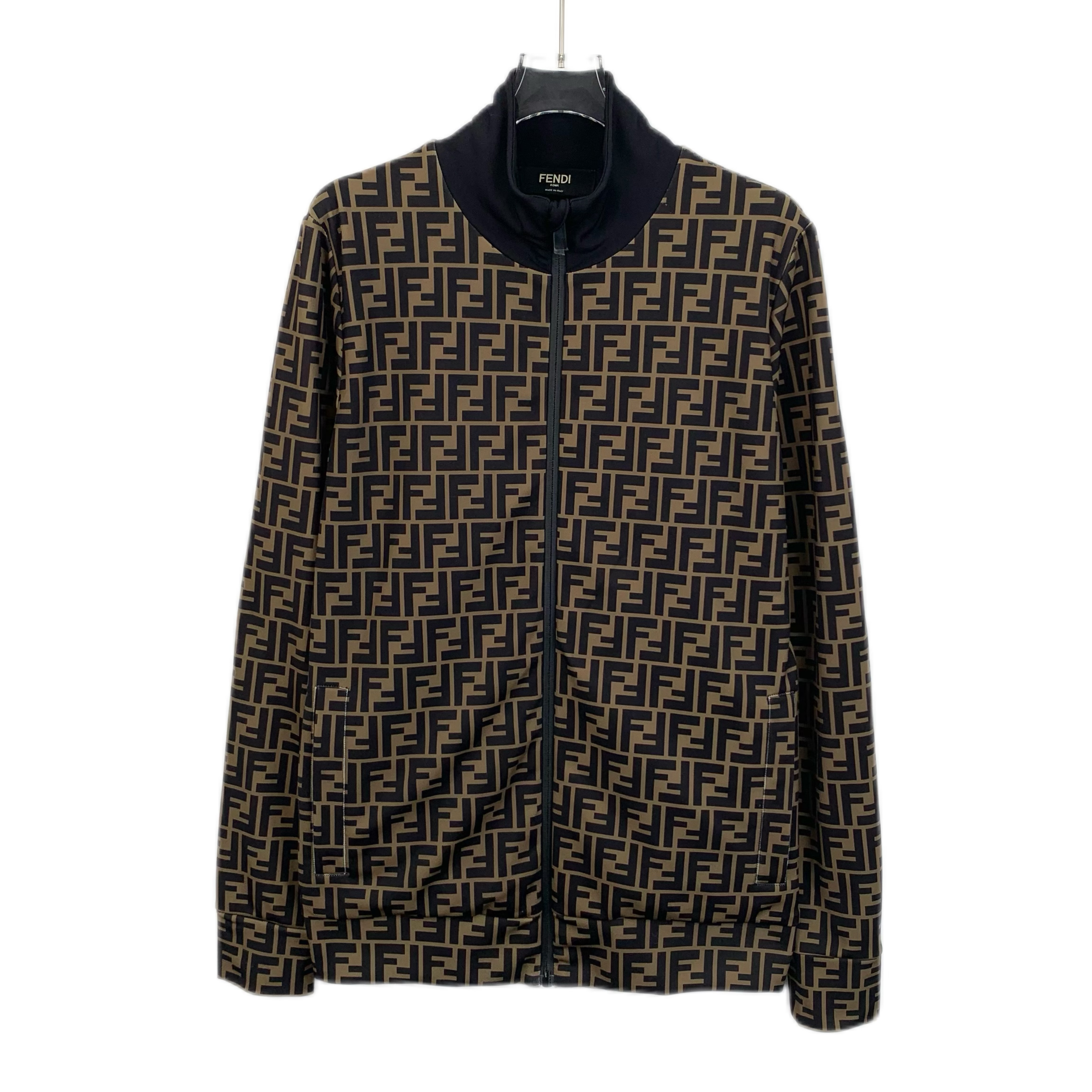 95新 FENDI/芬迪 H12453 深棕色logo字母满印拉链夹克外套 S码