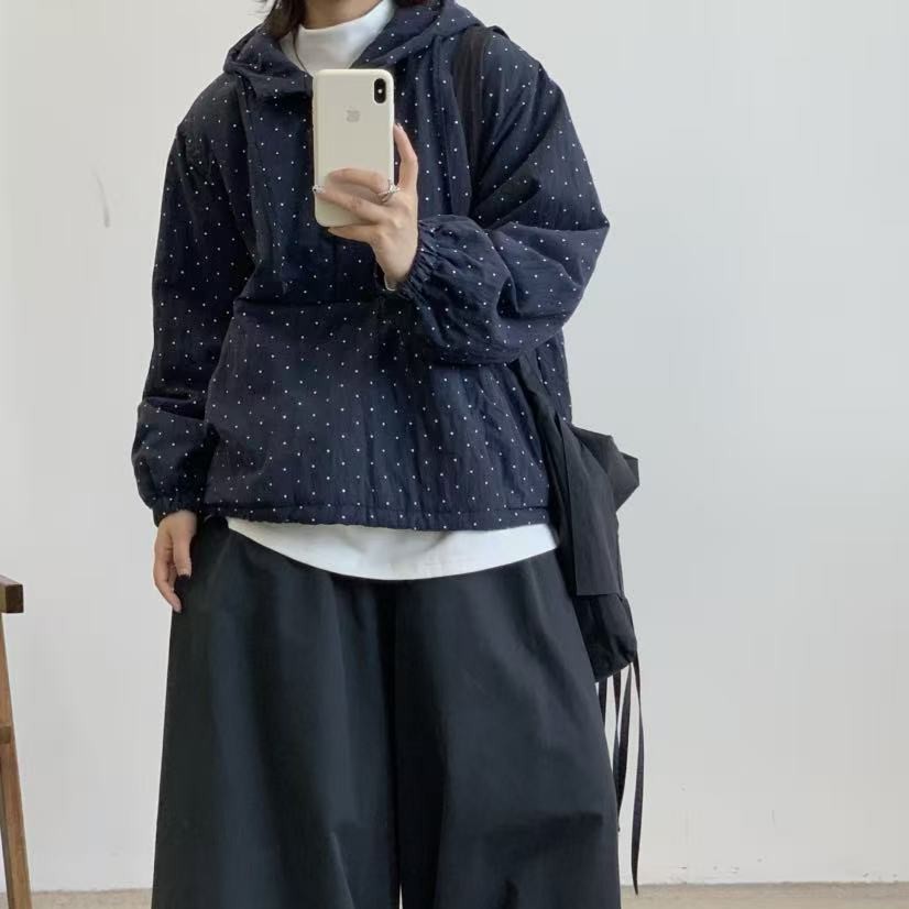 波点女秋冬款加棉连帽卫衣棉服