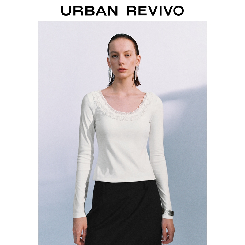 UR2025秋季新款女装休闲芭蕾风拼接蕾丝长袖T恤UWG450179+