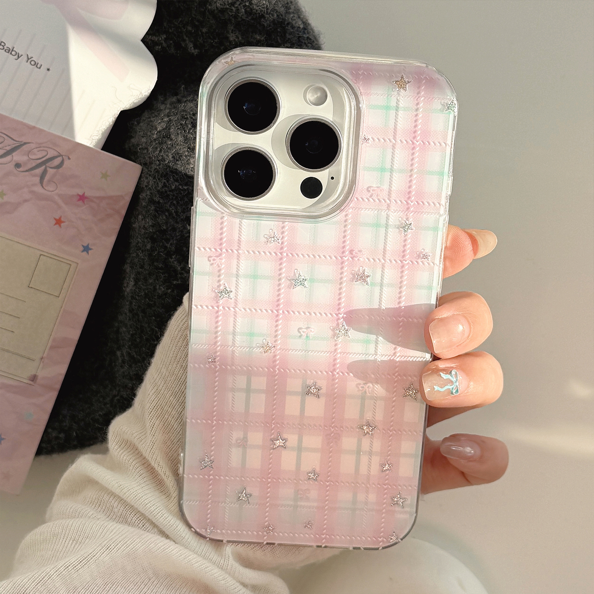 琉砂甜美适用苹果16手机壳iphone15promax硬13粉格纹星星14防摔11